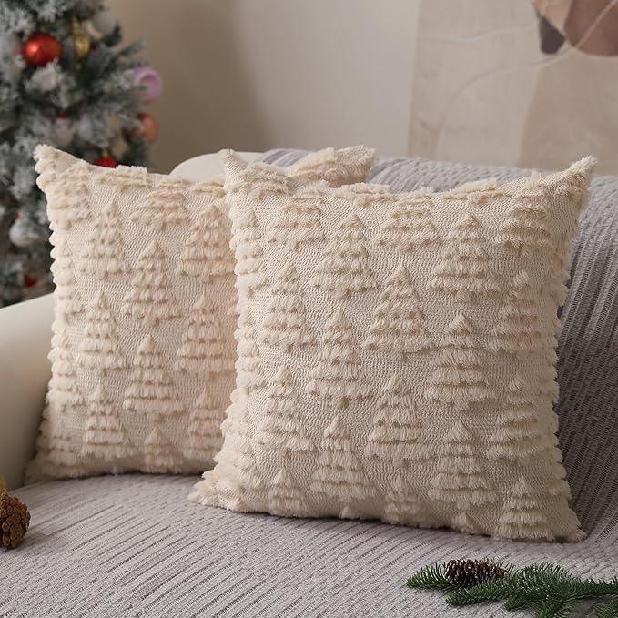 Set of 2 beige Christmas pillow covers with plush faux fur, perfect for cozy holiday decor