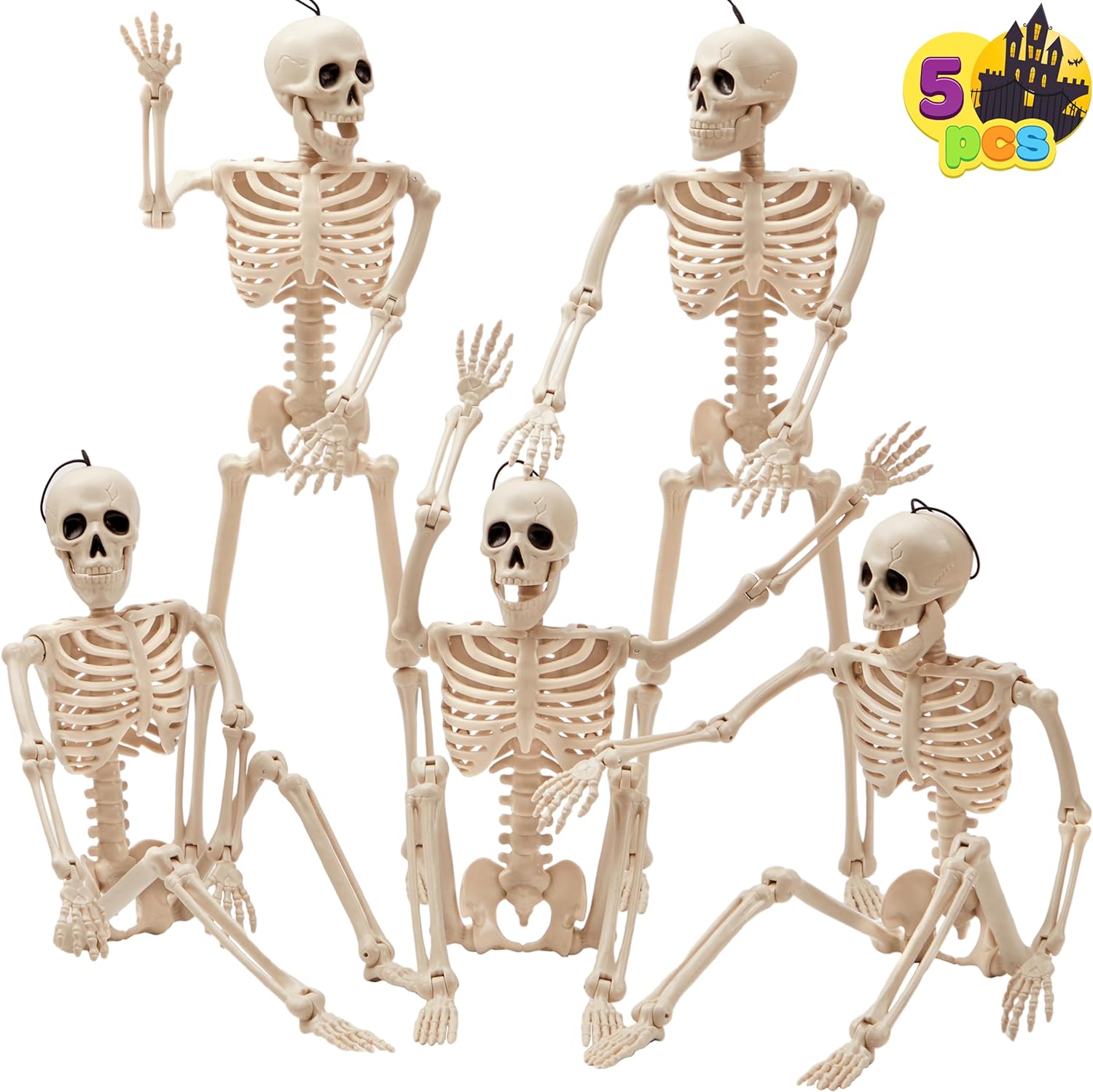 Halloween skeleton decor, posable joints, 16-inch full body, spooky party decorations, haunted house props