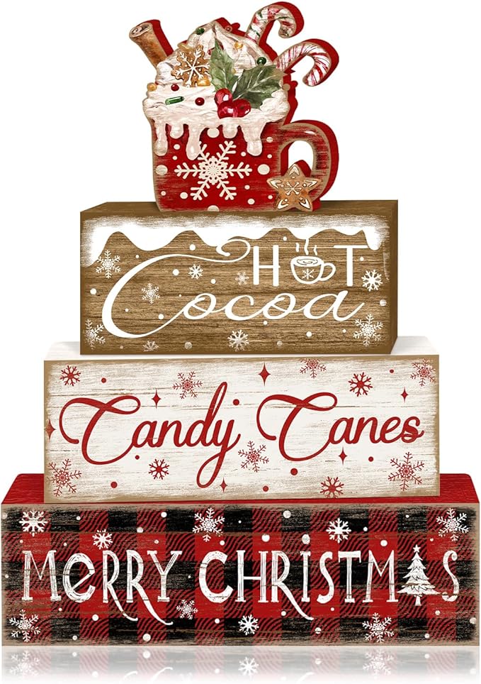 Rustic farmhouse Christmas tiered tray decorations with hot cocoa and candy cane block signs