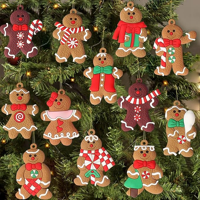 12pcs Gingerbread Man Ornaments Christmas Tree Hanging Decorations Holiday Festive Assorted Figurines, 3 Inch
