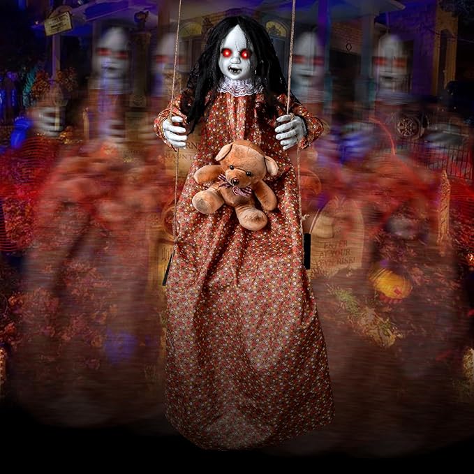 Creepy Animatronic Halloween Doll with Light-Up Eyes and Scary Expression Hanging Decoration
