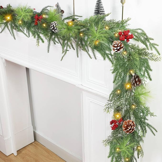 6 Ft Pre-lit Christmas Garland with Lights Timer, Real Touch Norfolk Pine with Pinecones and Red Berries for Festive Decor