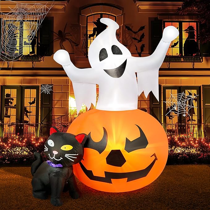 5 FT Halloween inflatables outdoor decorations, spooky pumpkin and witch's black cat combo with LED lights