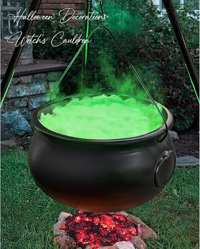 Large witches cauldron on 54-inch tripod with lights, perfect for Halloween porch and yard decorations.