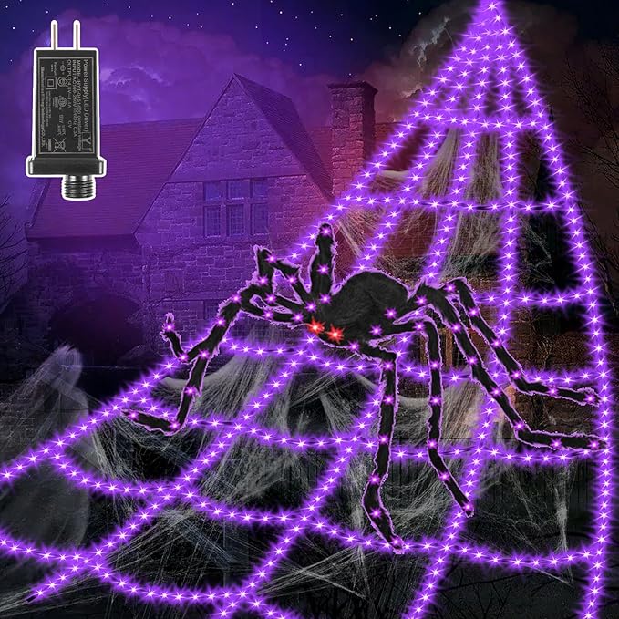 Halloween outdoor spider web lights with 550 LED, waterproof and 8 modes for yard decor.