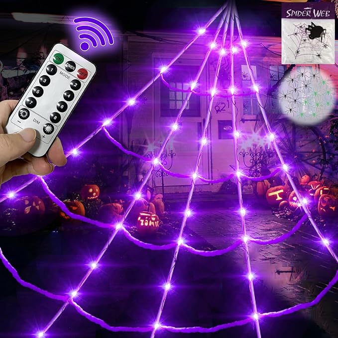 Giant 20x17ft Halloween spider web with 150 purple LED lights, waterproof and outdoor-ready, perfect yard decor with 20 small spiders.