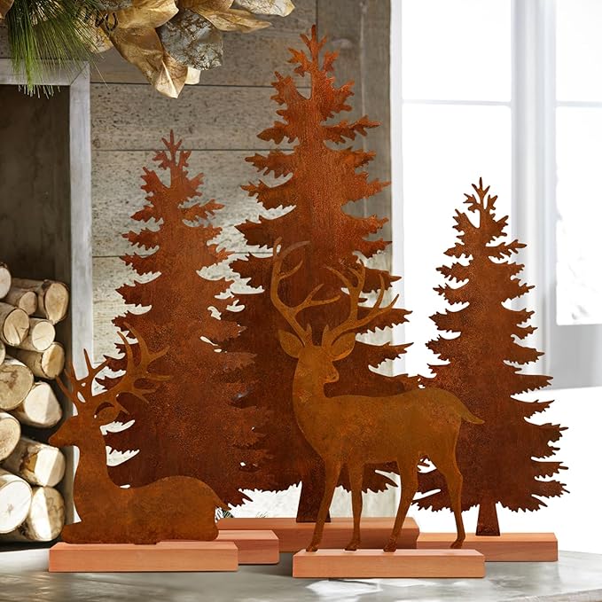 Rustic vintage steel metal Christmas tree and deer holiday tabletop decor centerpiece farmhouse style.