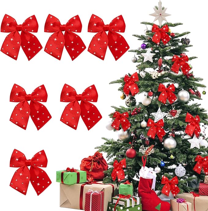 Large red velvet Christmas bow wreath decorations for home, weddings, Xmas trees, with elegant flocking