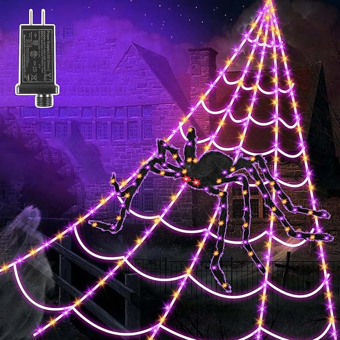 Giant spider webs Halloween decorations with 250 LED lights, perfect for outdoor yard or garden spooky decor.