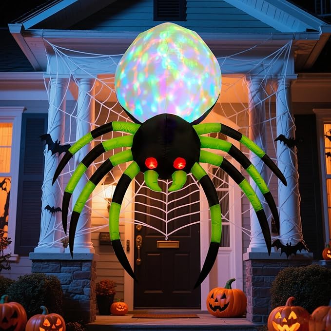 6-foot inflatable Halloween spider decoration with colorful LED lights and red glowing eyes for garden lawn yard.