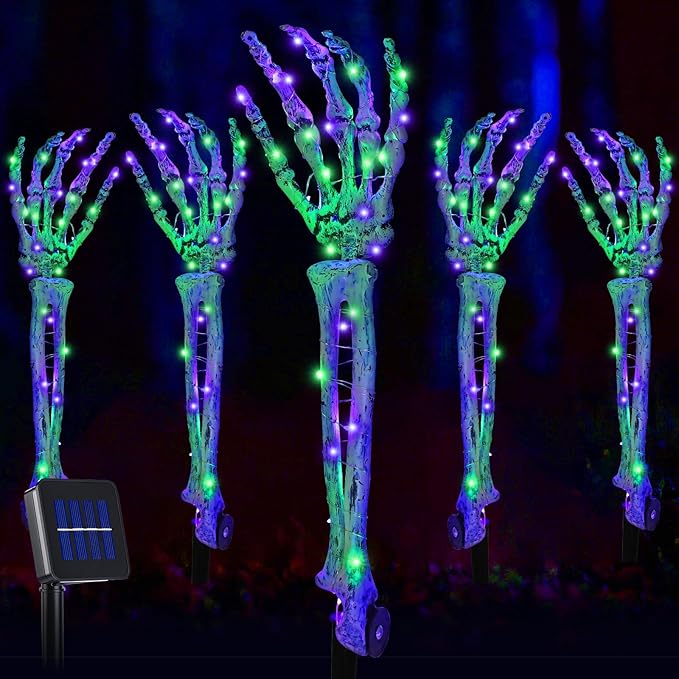 Halloween decorations, solar powered skeleton arm stakes, bright LED lights, waterproof yard decor