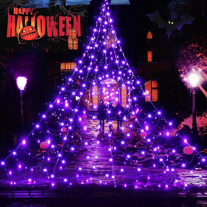 Halloween decorations giant spider web lights with 250 LEDs for outdoor spooky yard decor