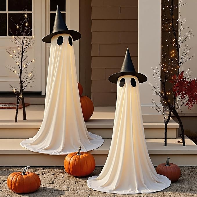 Halloween outdoor ghost decorations with USB string lights, perfect for yard, porch, garden, and lawn.