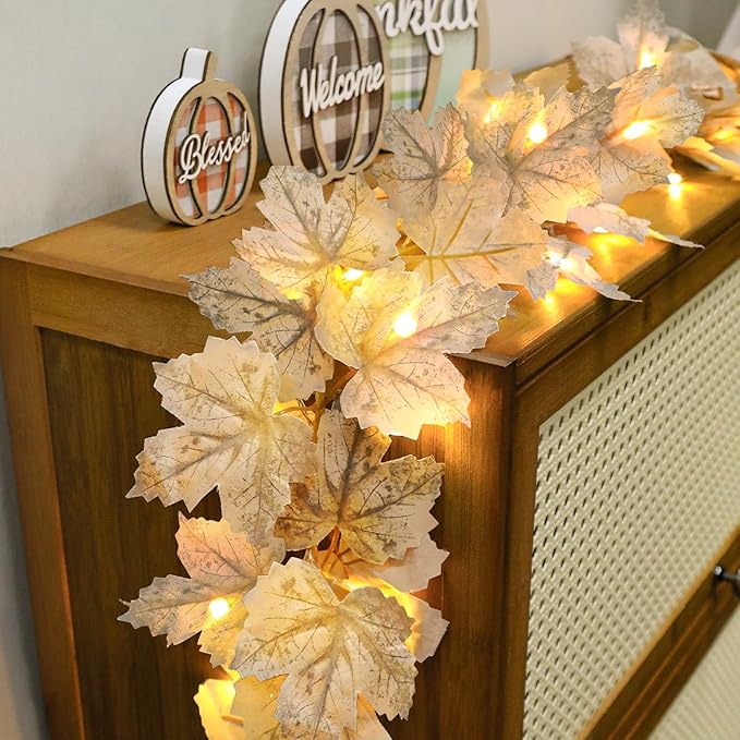 Fall decor garland with lights, 13ft lighted maple leaves Thanksgiving Halloween decorations indoor outdoor