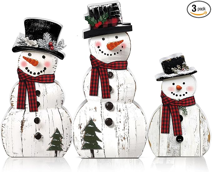 Rustic snowman Christmas table decorations, wood block sign, winter home decor centerpiece