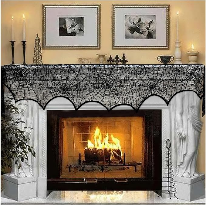 AerWo Halloween Black Lace Spiderweb Fireplace Mantle Scarf - Festive Decoration
