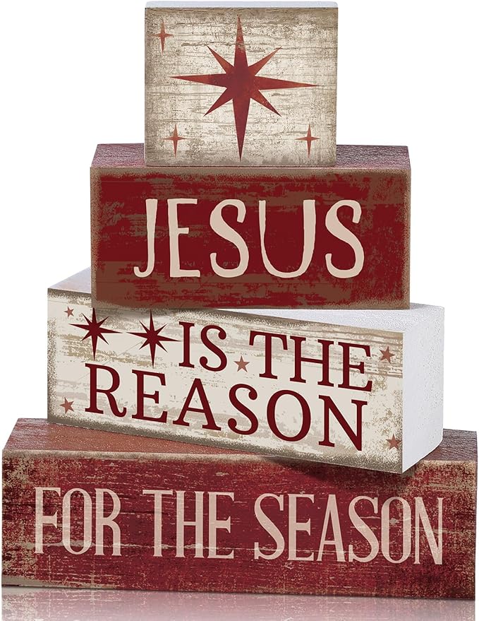 4 Pcs Christmas Table Jesus Decor, Tiered Tray Christian Centerpiece for Religious Home Office