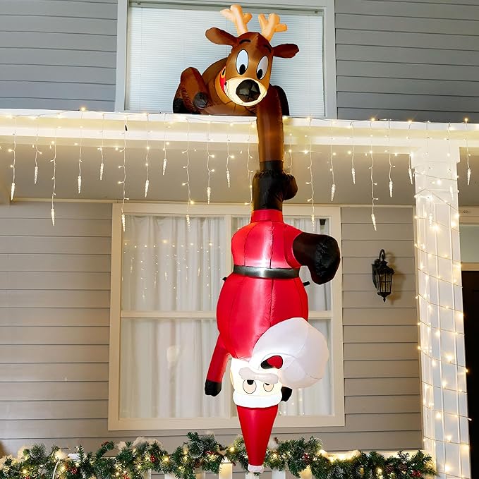 8 FT Christmas inflatable reindeer and climbing Santa with LED lights for outdoor holiday decoration