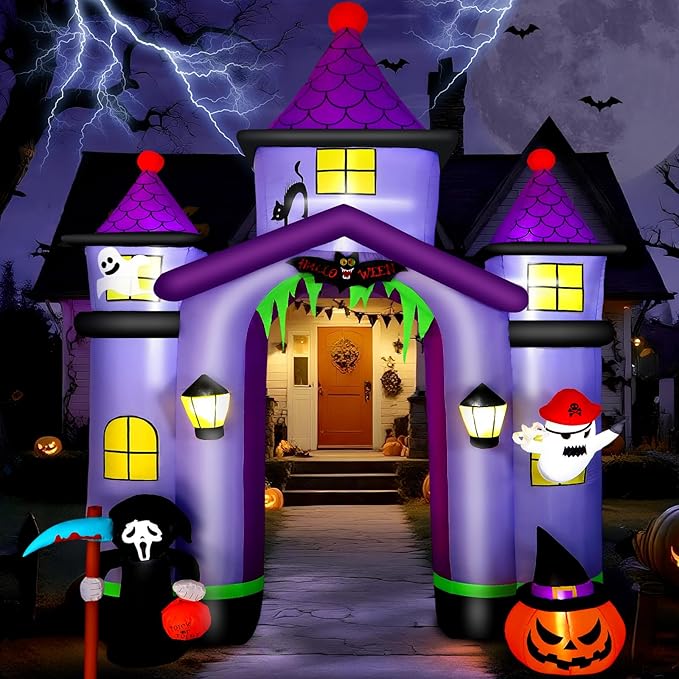 11.6FT Halloween Inflatable Arch Outdoor Decoration with Built-in LEDs, Purple Castle Archway with Ghost & Pumpkin, Yard and Garden Decor