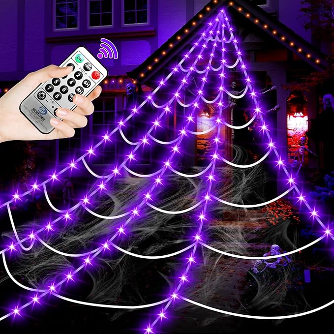 16.4Ft Purple LED Spider Web Lights Waterproof Halloween Outdoor Decoration