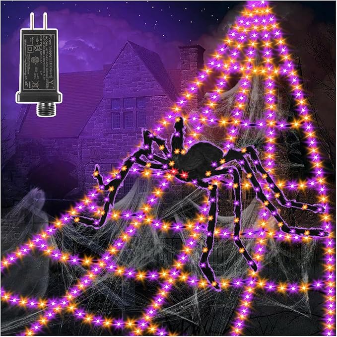 Outdoor spider web Halloween decorations with 550 LED lights and 4ft glowing spider, perfect for spooky yard decor