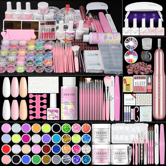 SAVILAND Essentials Acrylic Nail Kit with glitter powder, monomer, gel polish, nails tips, 120ML
