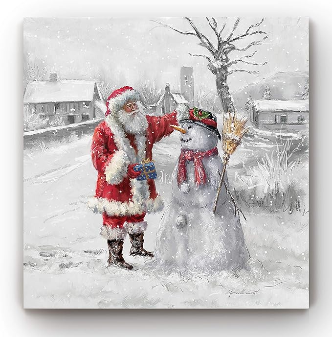Joyful Santa and Snowman Christmas canvas wall art painting for home decoration in winter snow.