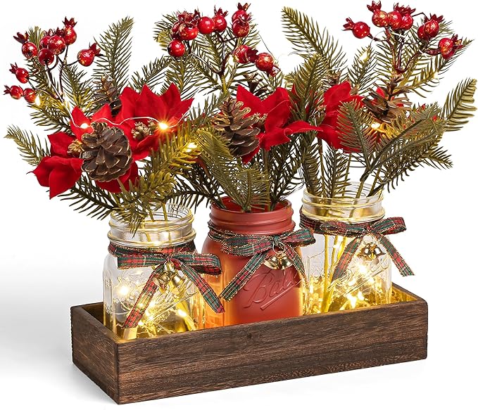 Christmas mason jar centerpiece decorations for festive table decor, farmhouse style, red color