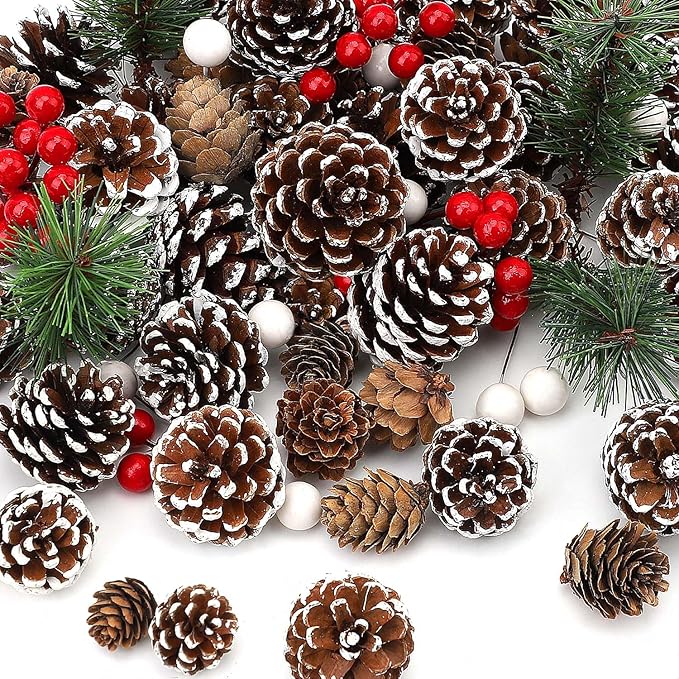 Christmas pine cones and berry pine branch set for festive DIY home crafts and decorations