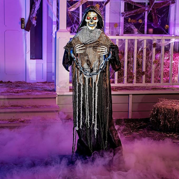 67 inch Halloween Animatronics Grim Reaper with chain and sound, perfect scary decor
