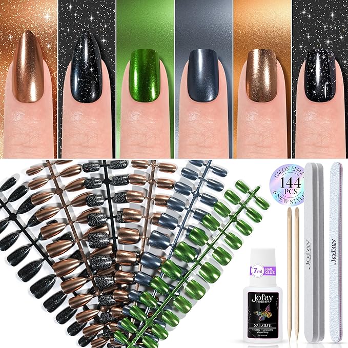 Chrome press on nails in 6 styles for salon-like mirror finish, stiletto glitter fake nails.