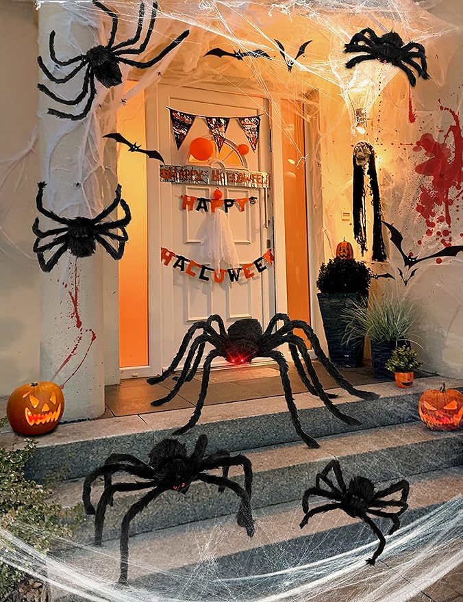 Halloween plush spiders set for scary indoor outdoor decor, perfect for haunted house decorations