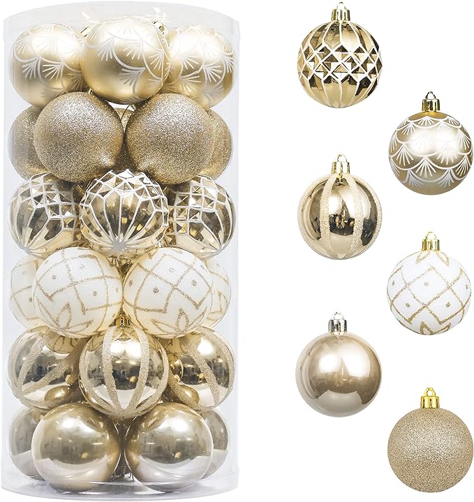 Valery Madelyn Christmas Ornaments Set, 30ct White and Gold Shatterproof Xmas Tree Decorations