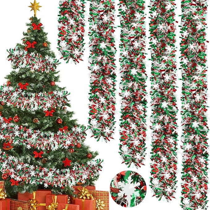 50Ft Christmas Snowflake Tinsel Garland Red Green Metallic Twist for Xmas Tree and Home Decor