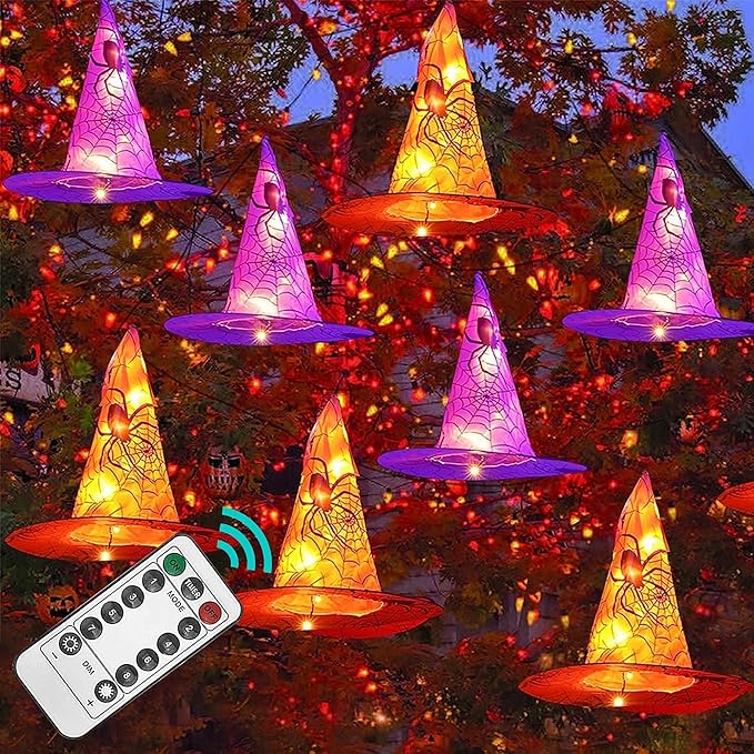 Waterproof hanging witch hat Halloween decoration lights with remote for indoor and outdoor use