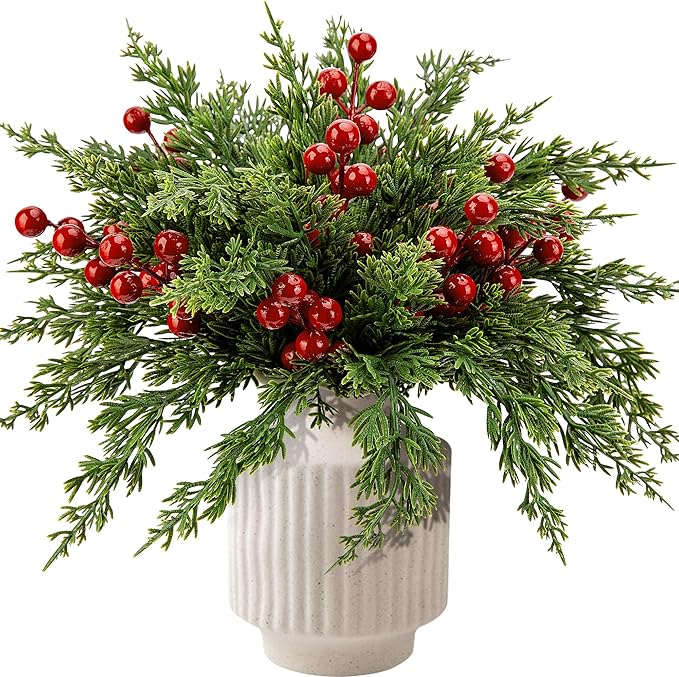 60 Pcs Christmas Artificial Pine Branches with Red Berry Stems for Holiday DIY Crafts Decor