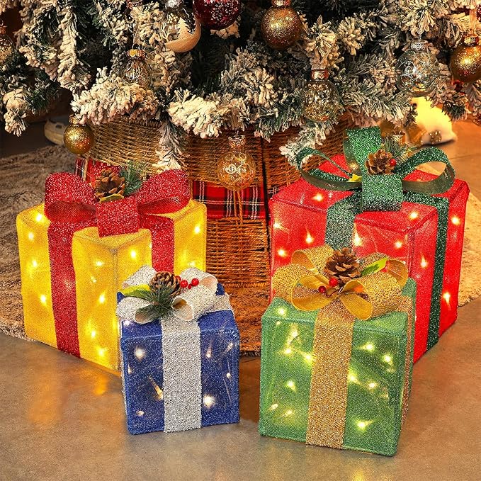Christmas Lighted Gift Boxes Decorations with Tinsel and Bowknot, Colorful Set of 4