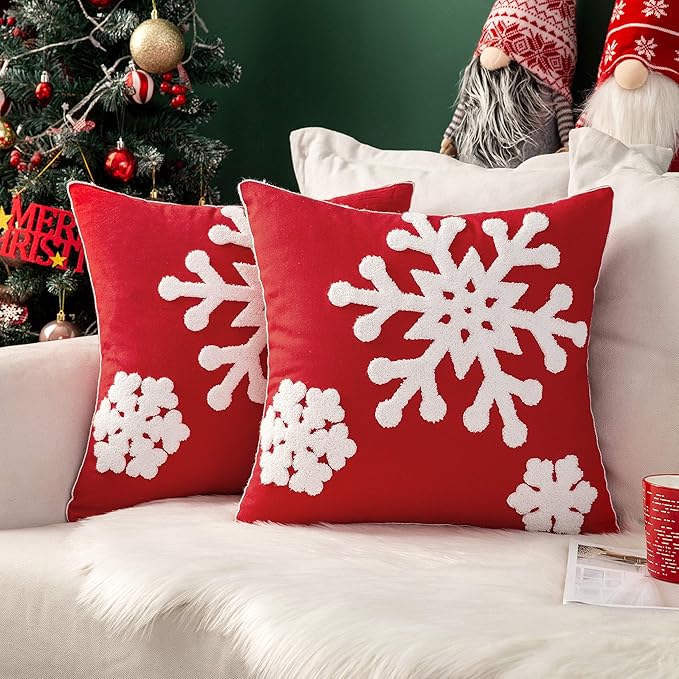 MIULEE Christmas Decorative Snowflake Throw Pillow Covers, Canvas Embroidery, Holiday Decor Pillowcases, Red 18x18 inches