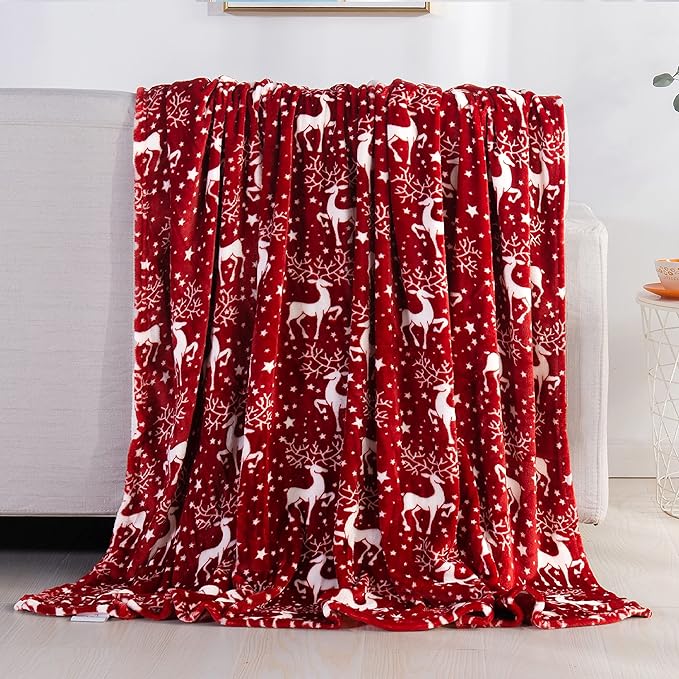 Luxury Velvet Plush Christmas Fleece Throw Blanket with Reindeer Stars 50x60 inches