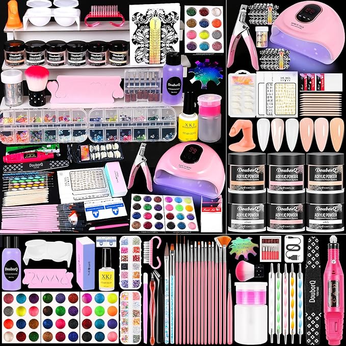 Acrylic nail kit with UV light and drill for professional manicures at home.