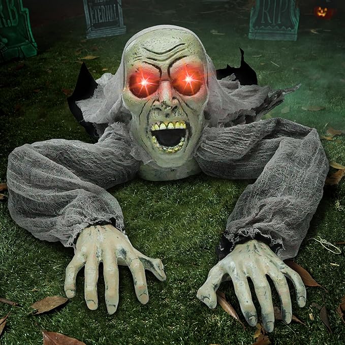 Zombie Halloween decoration outdoor groundbreaker with sound and flashing eyes, perfect for scary graveyard decor