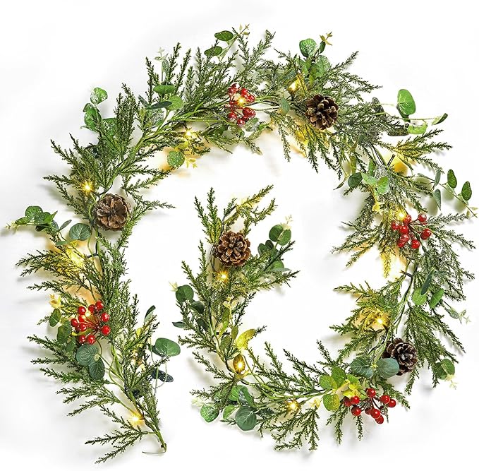 Pre-lit Christmas Garland with Lights featuring pine cones, berry, eucalyptus leaves for holiday decorations.