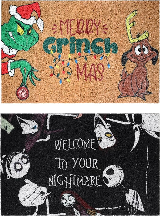 2 Pack Holiday Doormat Set featuring Halloween and Christmas themes, 31.5”x20” non-slip front door mats for seasonal entryway decor.
