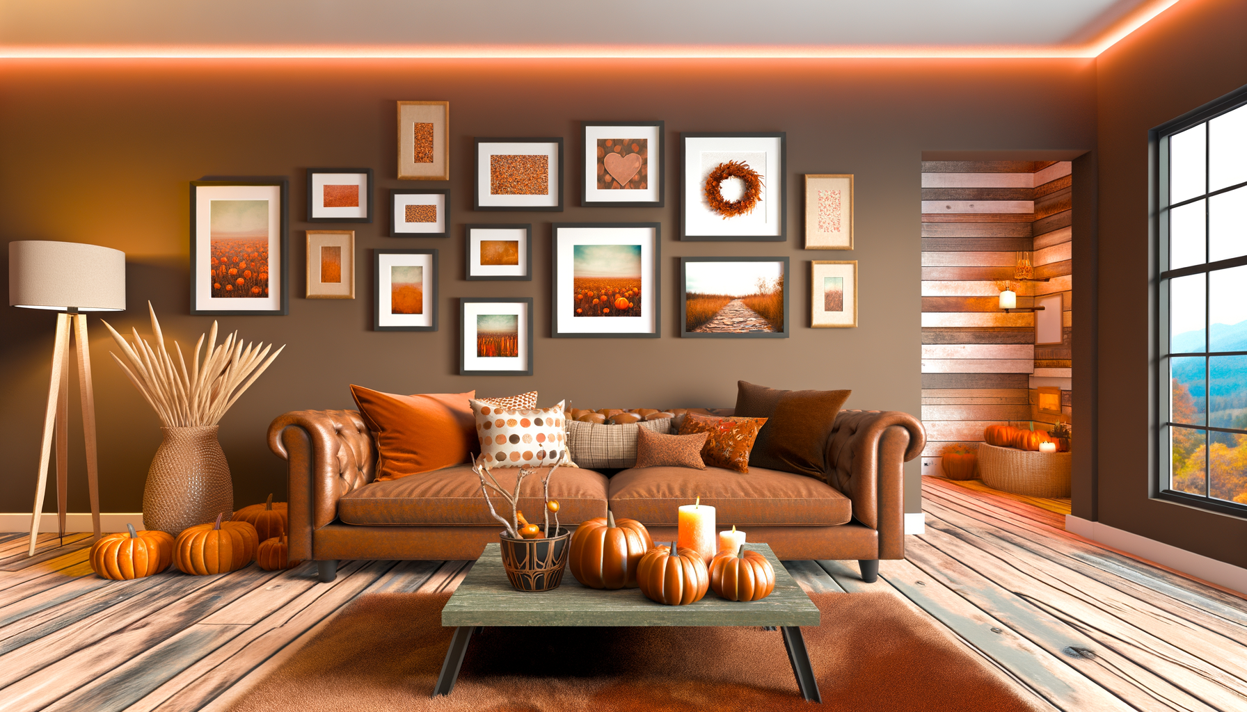 Cozy autumn living room with fall wall art, pumpkins, and candles.