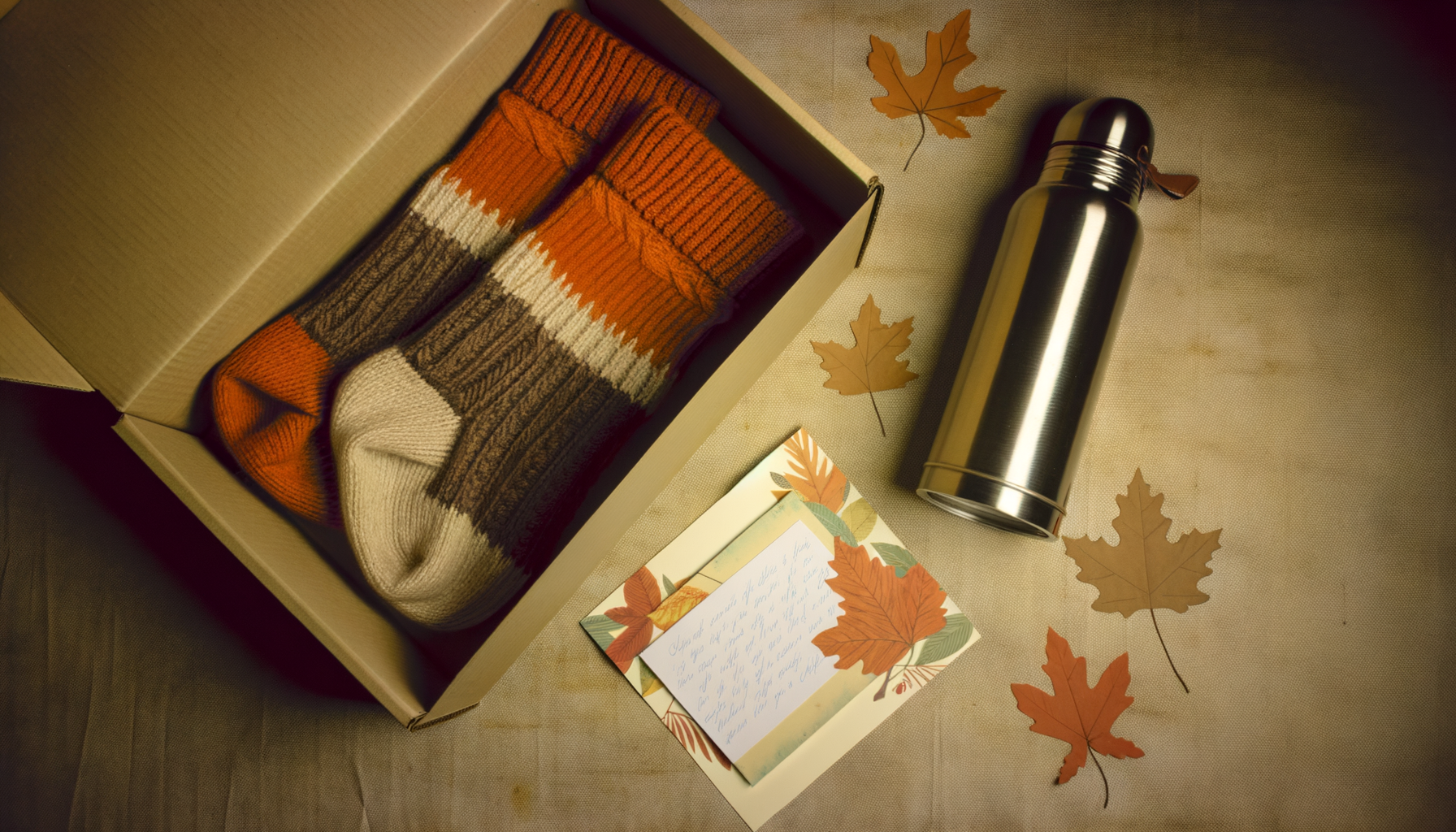 Cozy autumn care package with socks, hot cocoa, and leaves for college students.