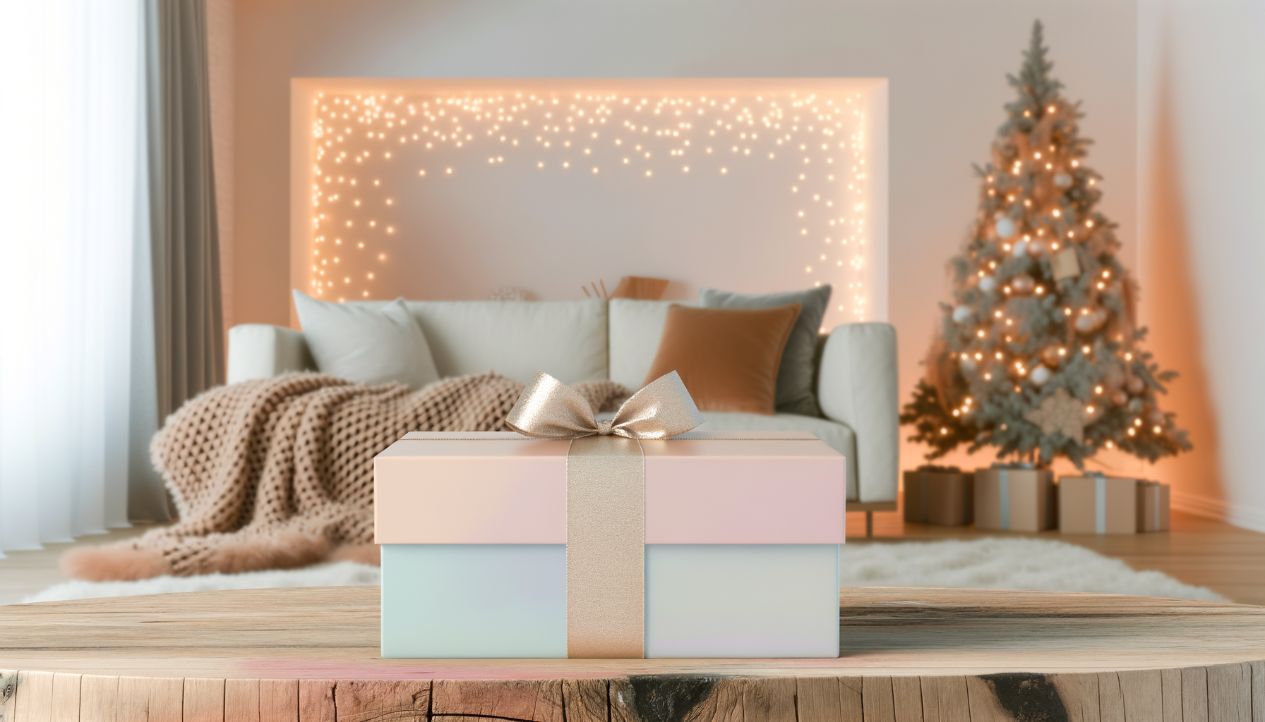 Pastel Christmas gift on cozy throw in festive living room ambiance.