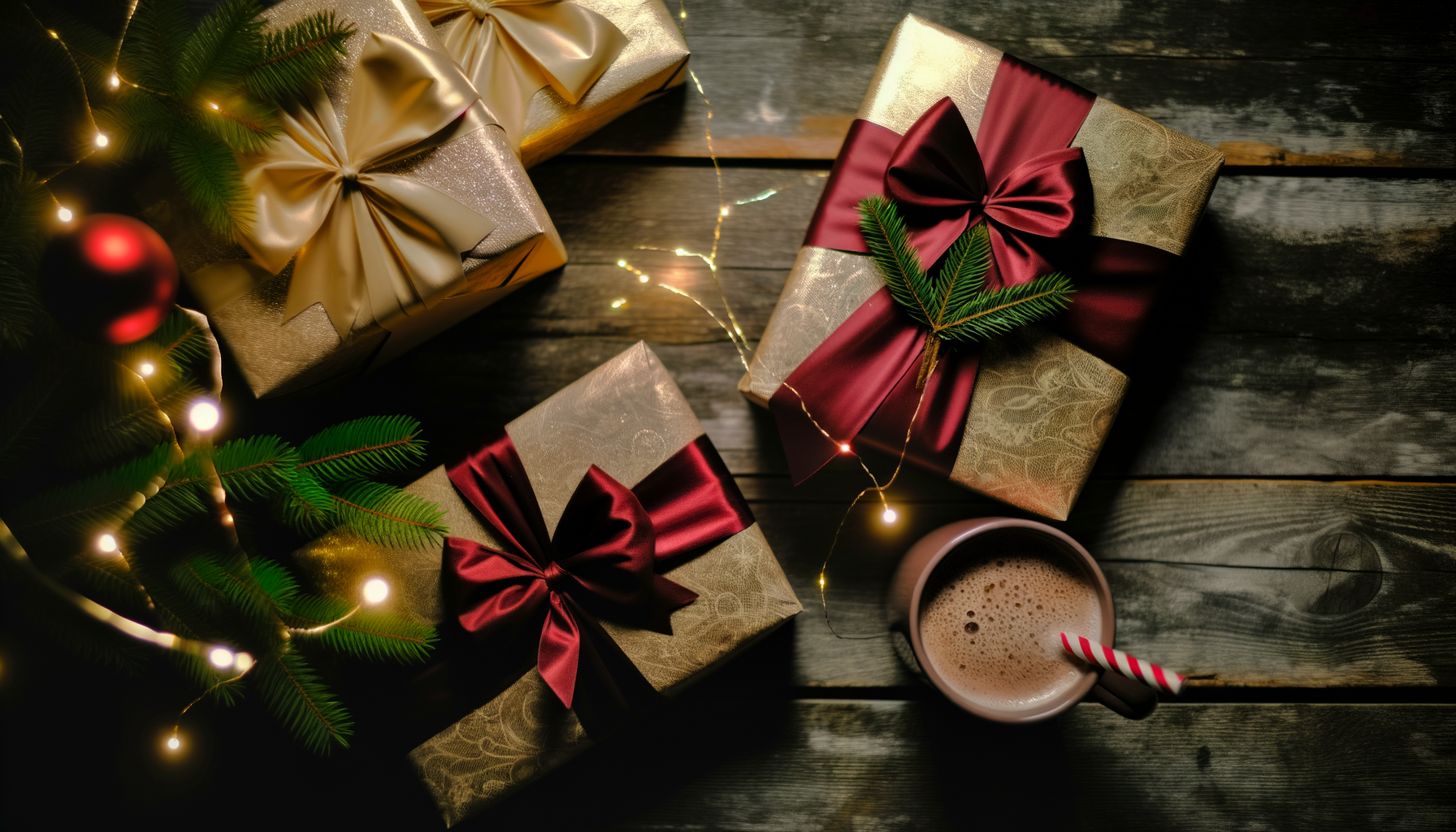 Christmas gift wrapping inspiration with gold, red paper and cozy holiday ambiance.