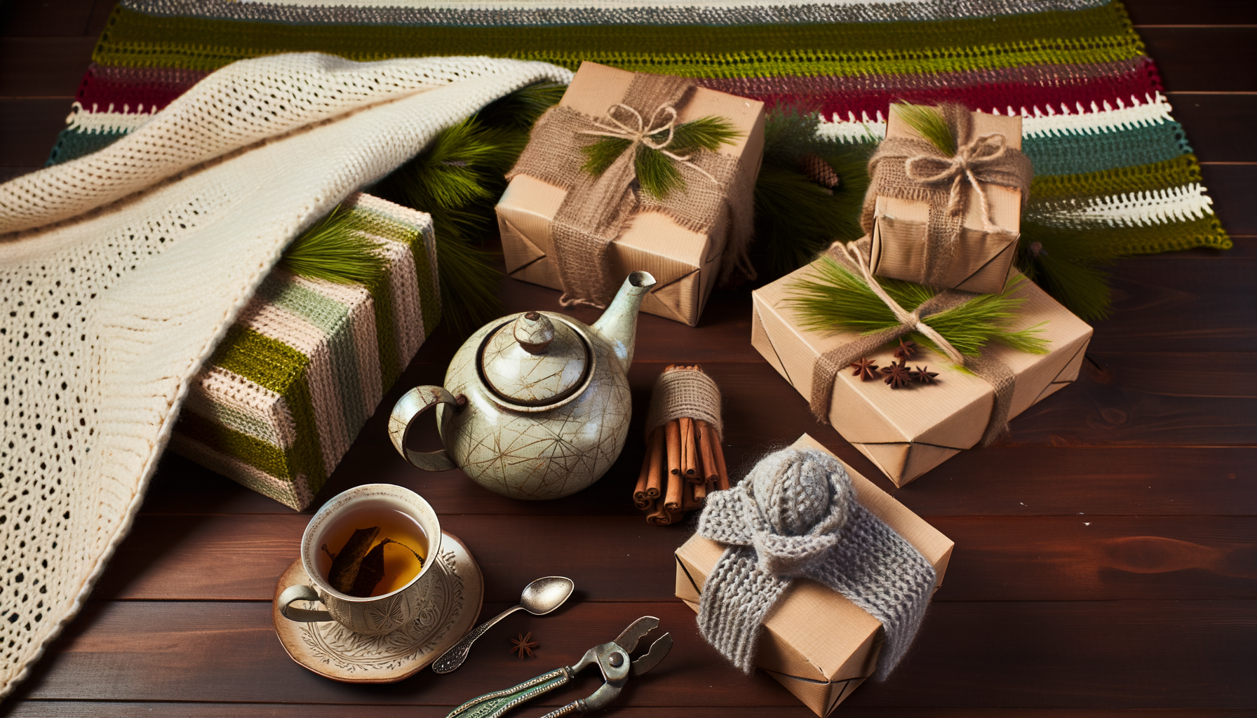 Cozy Christmas gifts for grandparents: vintage teapot, wrapped boxes, pine, cinnamon, knit blanket.