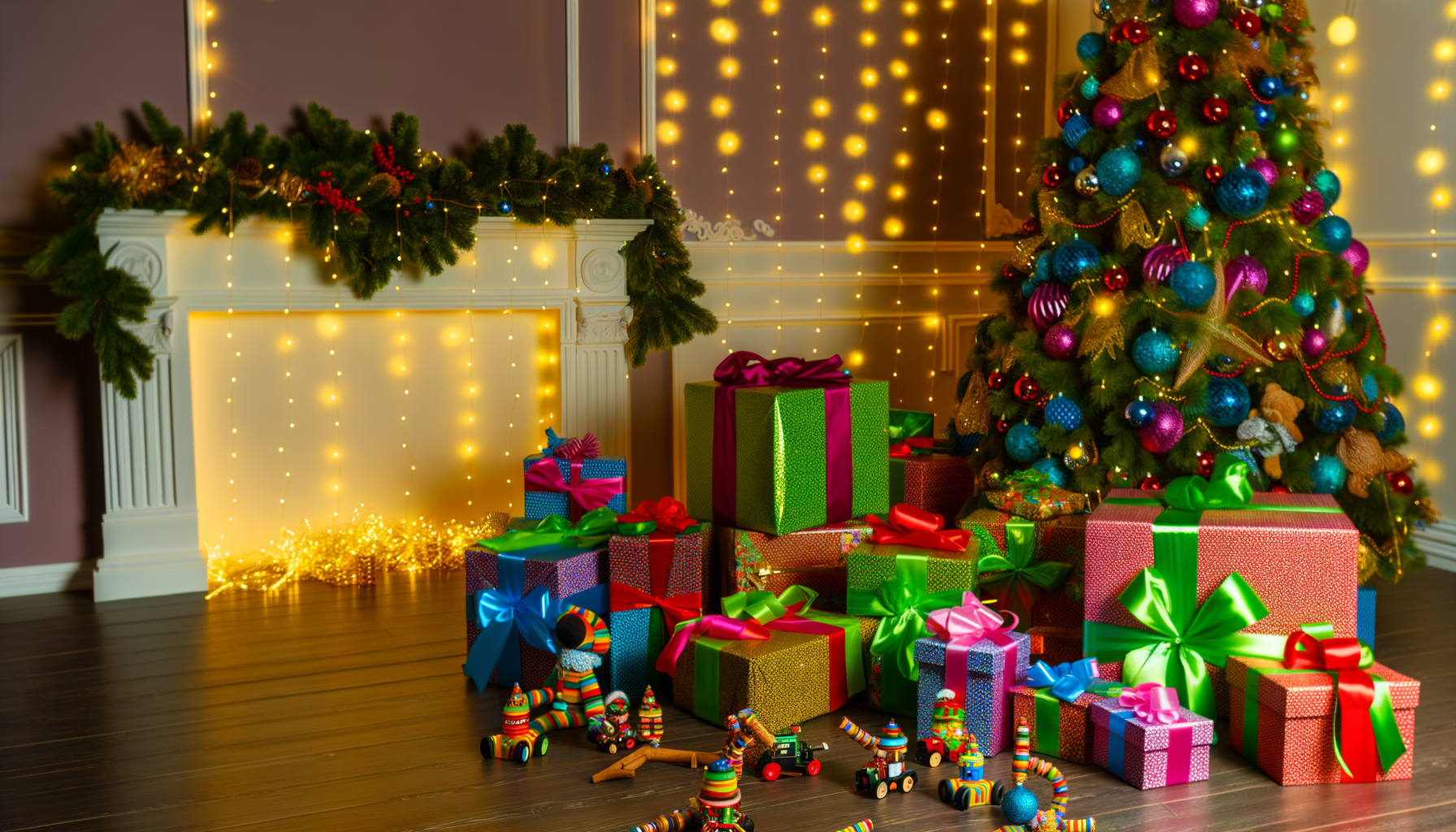 Christmas gifts for kids: Festive living room with toys under tree.