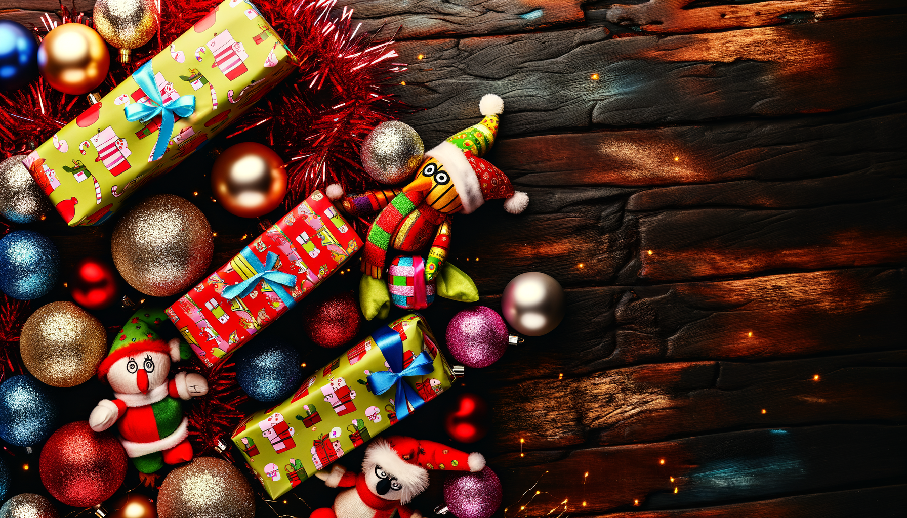 Funny Christmas gifts on a festive table with colorful, quirky presents and decorations.